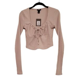 Beige Forever 21 Women's Ruched Tie Front Crop Top